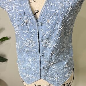 JANE ASHLEY Chambray Beaded VTG  Women's Vest 90’s Coastal Grandma, Size S